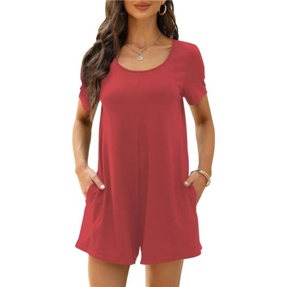 Pants - Womens Summer Casual Short Sleeve Romper Crewneck Shorts Overalls Jumpsuit with